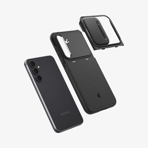 ACS05639 - Galaxy S23 Ultra Case Optik Armor in black showing the back with lens protector slot open